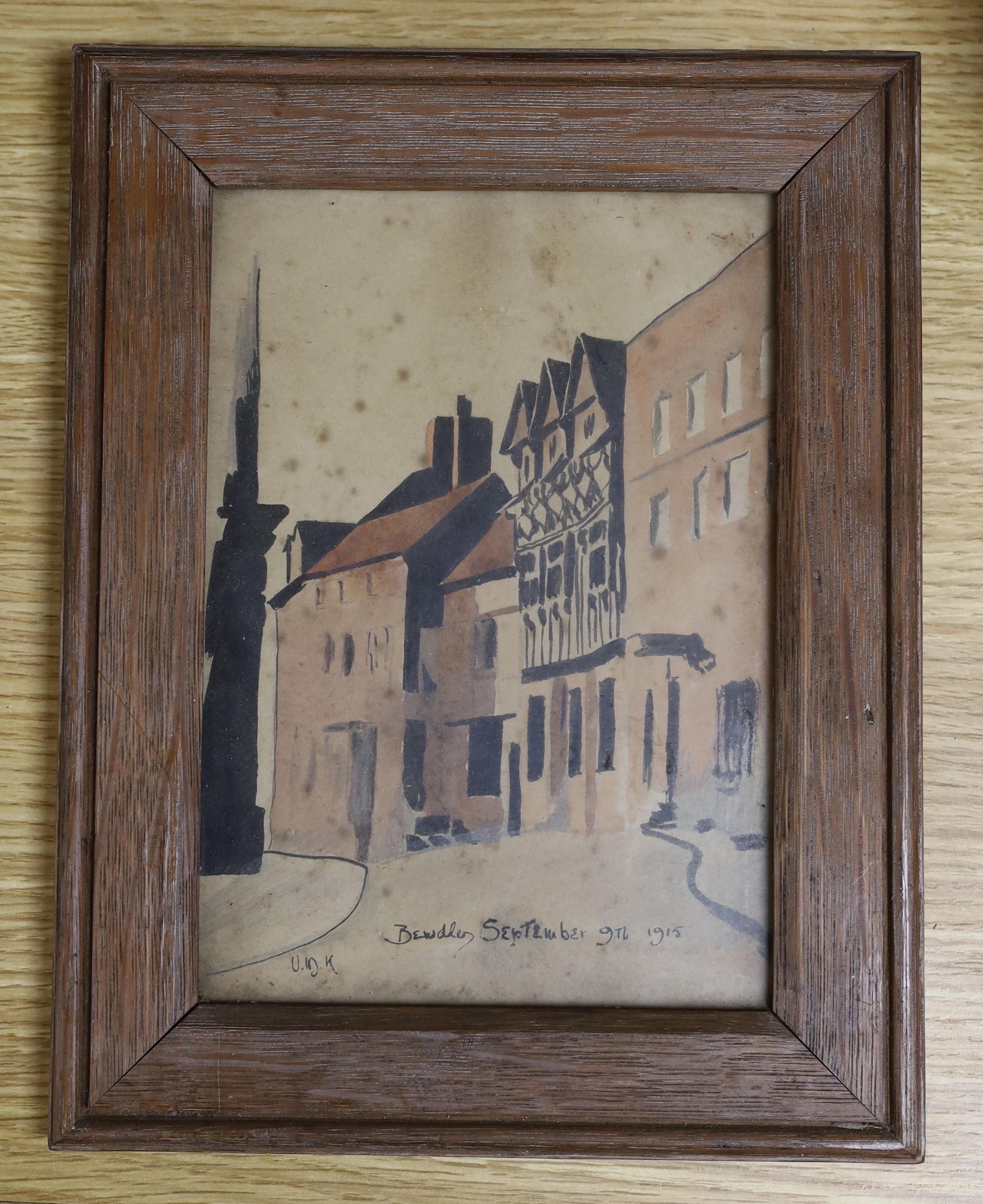 Modern British, ink and watercolour, Bewdley, September 9th 1915, initialled UDK, 20 x 14cm